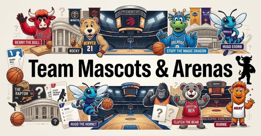 "A giant team mascot cheering inside a crowded sports arena."SEO Descriptive:"An energetic team mascot pumping up the cheering crowd inside a packed professional basketball arena during a live game."