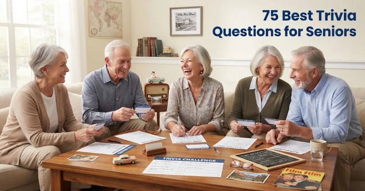 A cheerful group of five older adults is gathered around a wooden coffee table, laughing and engaged in a trivia game with printed challenge sheets, cards, and pens. The background features a cozy living room with a world map and bookshelves. The text 'TRIVIA QUESTIONS FOR SENIORS WITH ANSWERS 150+ FUN QUESTIONS' is clearly visible in the upper right corner