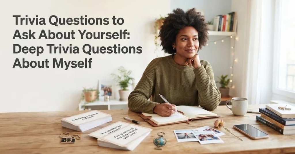 Alt text: A thoughtful young Black woman with an Afro hairstyle, wearing an olive-green sweater, sits at a wooden desk, smiling gently and looking off-camera while writing in an open journal. The desk is covered in self-discovery items, including stacks of large-print trivia question cards, a camera keychain, a globe charm, a small stack of books, a coffee mug, and a smartphone. The background is a bright, modern living space with plants and shelves. The bold, dark title "Trivia Questions to Ask About Yourself: Deep Trivia Questions About Myself" is prominently displayed in the upper-left corner against a light, soft-toned wall
