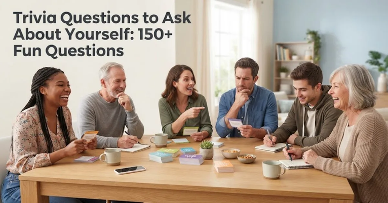 Alt text: A diverse group of friends and family members laughing and participating in a fun trivia game around a light-wood table in a bright, modern room, surrounded by question cards, notebooks, smartphones, and coffee cups, with the bold title "Trivia Questions to Ask About Yourself: 150+ Fun Questions" displayed cleanly in the upper left corner against a soft white and pale blue background.