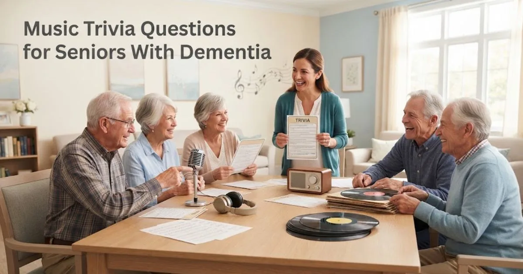 A warm, inviting community room setting where five happy older adults are gathered around a light-wood table with a friendly female host. They are participating in a music trivia activity, surrounded by nostalgia-evoking items like vintage vinyl records, a small wooden radio, a classic microphone, headphones, and large-print trivia cards. The bold title, "Music Trivia Questions for Seniors With Dementia," is clearly displayed in the upper-left corner against a soft cream and pale blue wall