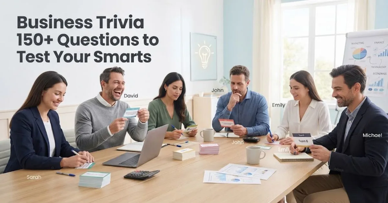 : A polished, professional photograph of six diverse adults seated around a large, light-wood conference table in a modern, well-lit office. The group is smiling and laughing while participating in a business trivia game, indicated by small question cards and a glowing lightbulb icon on a background whiteboard. The table is organized with laptops, charts, calculators, and coffee cups. The bold title, "Business Trivia: 150+ Questions to Test Your Smarts," is clearly displayed in the upper-left corner against a soft, light blue and white background