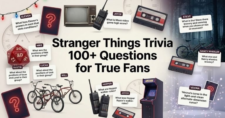 Short & Simple: "Retro 1980s neon sign and glowing red lights in a spooky forest." SEO Descriptive: "A thrilling sci-fi horror graphic featuring vintage string lights, eerie red fog, and Stranger Things trivia text."