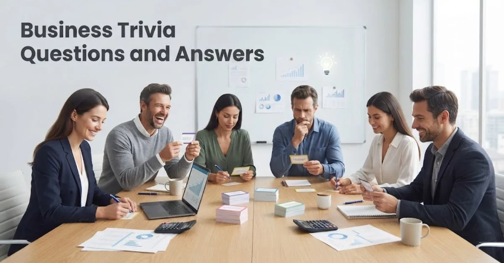A high-resolution, professional photograph of six diverse adults in business-casual attire, laughing and engaged in a business trivia challenge around a large conference table. The table features stacks of question cards, laptops, calculators, and financial charts. In the background, a whiteboard displays a glowing lightbulb icon and unreadable business graphics. The bold title, "Business Trivia Questions and Answers," is clearly displayed in the upper-left corner against a bright, soft white and pale blue background