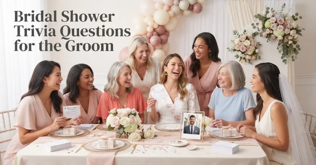 Alt Text: A smiling bride holding a microphone and a 'Mr. & Mrs.' sign, seated next to a large screen displaying the title "Bridal Shower Trivia Questions for the Groom," while guests laugh in a beautifully decorated, warmly lit event space. The scene captures a fun, interactive wedding shower game.