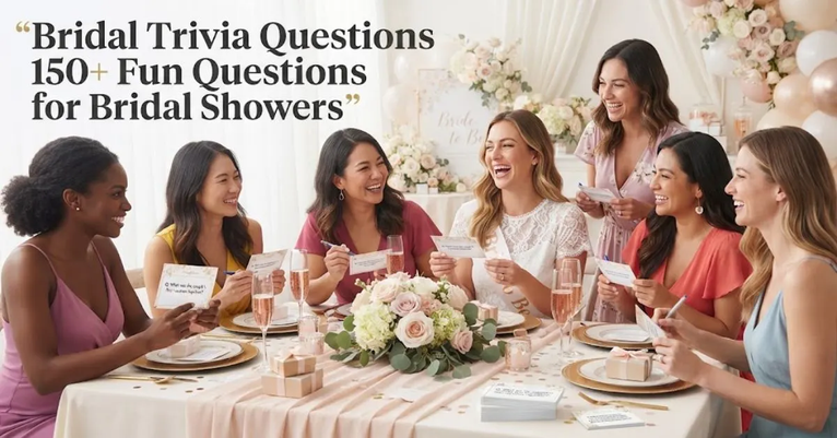 Alt Text: A group of close friends laughing and participating in a bridal shower game around a stylish table decorated with trivia question cards, answer sheets, pens, and elegant floral accents, with the prominent text overlay reading “Bridal Trivia Questions 150+ Fun Questions for Bridal Showers.”