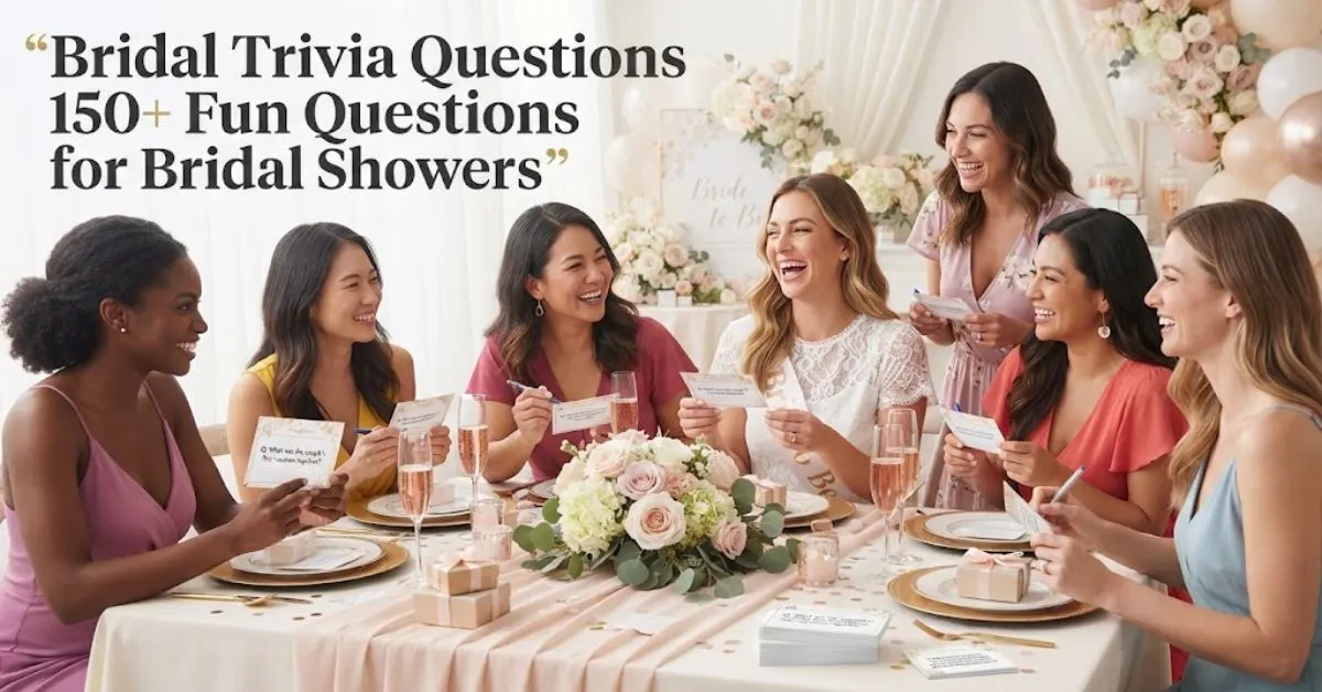 Alt Text: A group of close friends laughing and participating in a bridal shower game around a stylish table decorated with trivia question cards, answer sheets, pens, and elegant floral accents, with the prominent text overlay reading “Bridal Trivia Questions 150+ Fun Questions for Bridal Showers.”