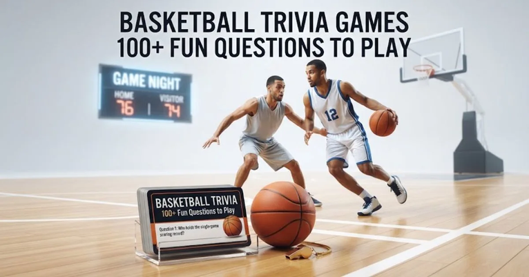 Alt Text: Four friends in a warmly lit sports bar enjoy an interactive basketball trivia night, seated around a table with printed question cards, answer sheets, and a central buzzer. The large screen in the background prominently displays the text "BASKETBALL TRIVIA GAMES 100+ FUN QUESTIONS TO PLAY." The atmosphere is lively, with patrons watching games on other screens and a bowl of chips on the table.