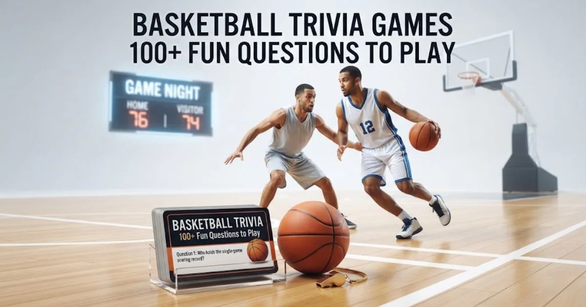 Alt Text: Four friends in a warmly lit sports bar enjoy an interactive basketball trivia night, seated around a table with printed question cards, answer sheets, and a central buzzer. The large screen in the background prominently displays the text "BASKETBALL TRIVIA GAMES 100+ FUN QUESTIONS TO PLAY." The atmosphere is lively, with patrons watching games on other screens and a bowl of chips on the table.