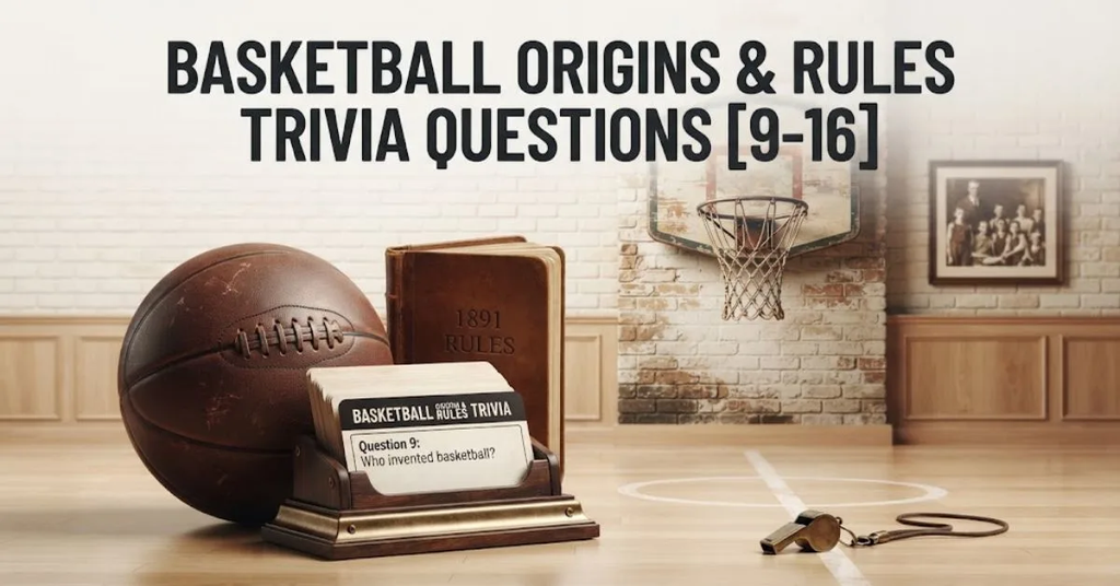 Alt Text: A group of four diverse friends in a warmly lit, upscale sports bar lounge enjoying an interactive trivia game. A large screen above them displays the exact title: "Basketball Origins & Rules Trivia Questions [9-16]." The participants are seated at a dark wooden table, actively engaged with printed question cards, answer sheets, and a central "QUIZ BUZZ" buzzer. Glasses of craft beer and snacks are on the table, and blurred patrons can be seen watching other sports screens in the background, creating a lively social atmosphere. The image is a professional-quality photograph with sharp details and warm lighting.