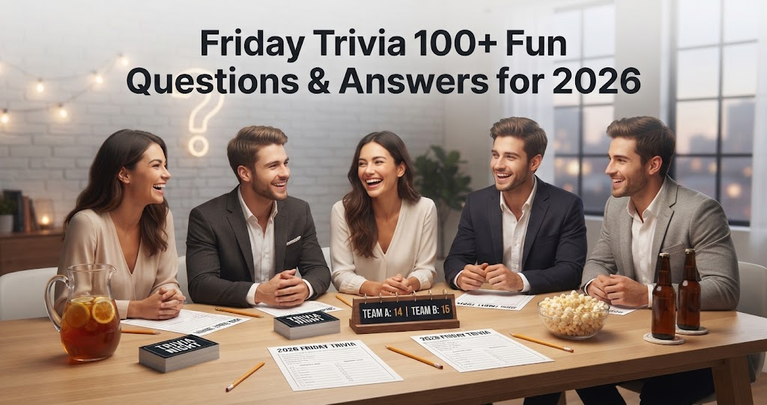Alt Text: A candid, professional photograph of a diverse group of four smiling friends gathered around a warmly lit wooden table in a bustling, upscale bar lounge, intensely focused on a trivia game. The background features a large, brightly lit screen prominently displaying the exact title text: "FRIDAY TRIVIA 100+ FUN QUESTIONS & ANSWERS FOR 2026" in a bold, collegiate-style font. Below the main text, a smaller line reads "THE ULTIMATE YEAR-END QUIZ". The table is covered with scattered trivia question cards (visible text fragments like "Which movie star...", "Name the capital...", "In what year...", "What popular app..."), individual answer sheets and pens, and a central decorative buzzer labeled "QUIZ BUZZ". The four participants exhibit natural, engaged expressions of concentration and amusement; one woman is pointing at a card, a man is scratching his head in thought, another woman is actively writing an answer, and a fourth man is looking intently at the group. On the table are drinks (craft beer, wine glasses, water) and a bowl of popcorn. The bar setting has exposed brick, soft ambient string lights, and blurred patrons in the background watching other screens, conveying a premium, lively social-game atmosphere. The composition is balanced and inviting, with crisp details and soft, warm lighting (f/5.6, natural grain). The people are dressed in stylish casual attire. No cartoon style. No watermark. The image is a high-resolution photo.
