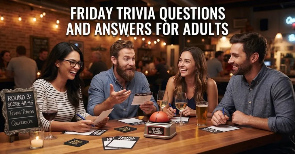 Alt Text: A professional photograph of a diverse group of four smiling adults enjoying a lively Friday night trivia game in a warm, upscale restaurant bar. The participants are seated around a stylish wooden table filled with trivia question cards, answer sheets, pens, a scoreboard sign reading "Round 3 - Quizards: 38 - Brainiacs: 35", glasses of wine and beer, and a red "Quiz Buzzer." In the background, a large screen displays the exact title text: "FRIDAY TRIVIA QUESTIONS AND ANSWERS FOR ADULTS." The atmosphere is cozy and social, featuring exposed brick, stylish pendant lighting, and blurred patrons in the background.