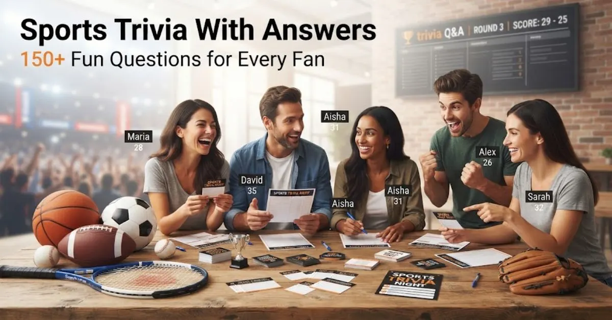 A candid, professional photograph of a diverse group of four friends gathered around a warmly lit wooden table in a bustling, upscale sports bar lounge, intensely focused on a sports trivia game. The background features a large, brightly lit screen prominently displaying the exact title text: "SPORTS TRIVIA WITH ANSWERS 150+ FUN QUESTIONS FOR EVERY FAN" in a bold, collegiate-style font. The four participants exhibit natural, engaged expressions of concentration and friendly competition; one woman is pointing at a card, a man is scratching his head in thought, another woman is actively writing an answer, and a fourth man is looking intently at the group