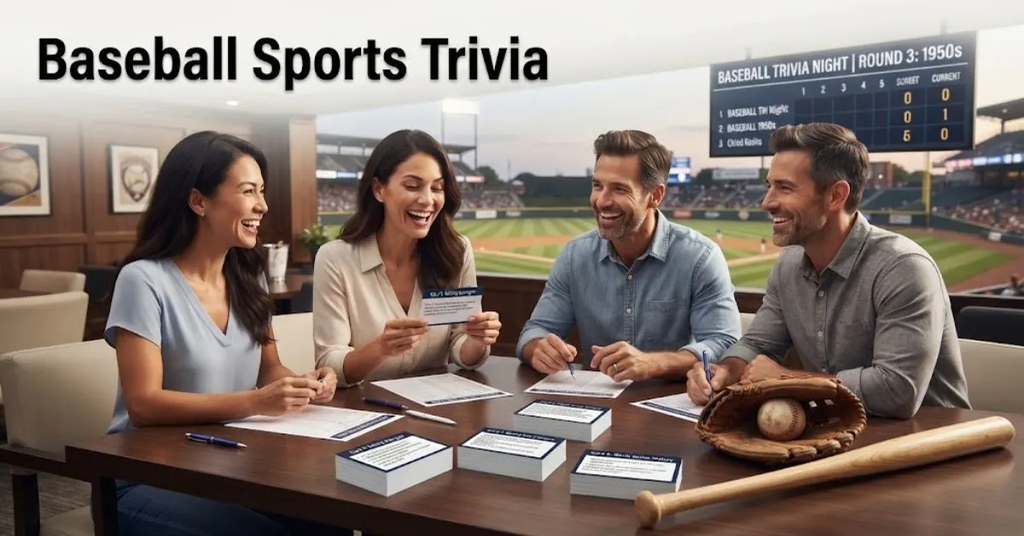 "Baseball sports trivia graphics featuring a baseball resting on home plate with bats and a stadium background, perfect for baseball quiz night."