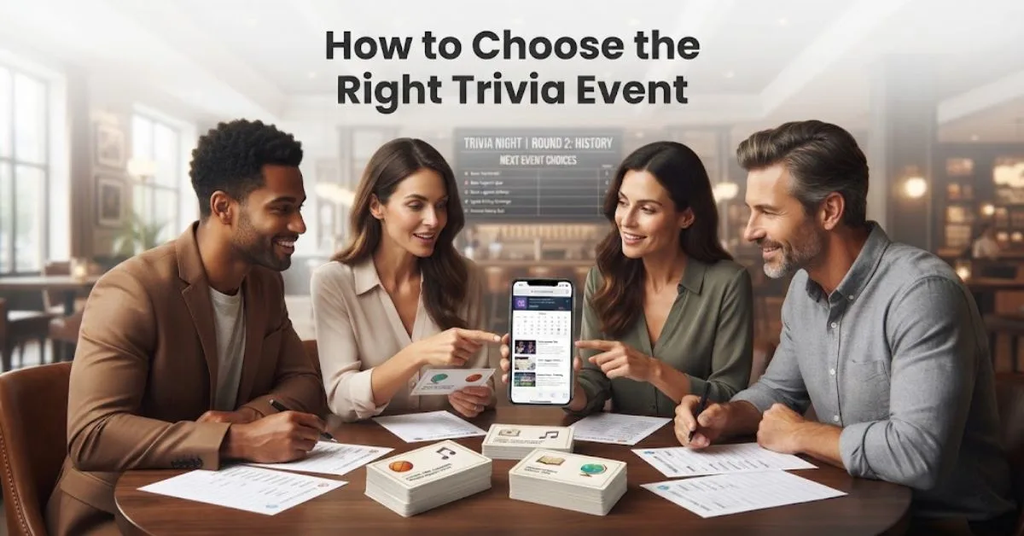 "Group of friends discussing trivia answers at a pub table with drinks, illustrating how to choose the right quiz night event."