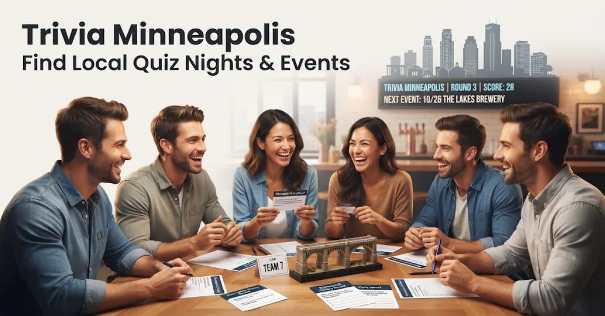 "Minneapolis skyline silhouette behind a neon quiz night trivia sign, representing local pub trivia and events in the Twin Cities."