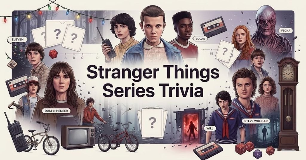 Short & Simple:"Retro 1980s neon glowing logo in a dark, mysterious forest."SEO Descriptive:"A spooky sci-fi graphic featuring vintage string lights, an eerie red glow, and Stranger Things series trivia questions for fans."