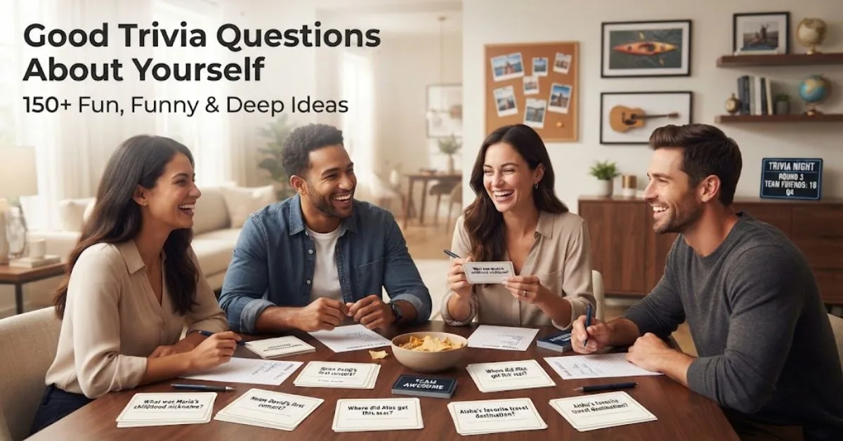 "A colorful question mark neon sign surrounded by funny and deep icebreaker questions, perfect for a trivia game about yourself."