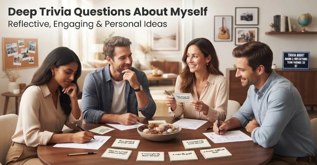 "A thoughtful person silhouette with a glowing question mark inside, representing deep personal trivia questions and self-reflection."