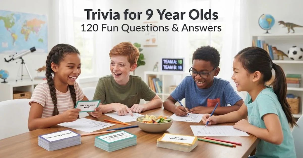 "A 9-year-old child holding up a colorful quiz sign surrounded by fun educational trivia icons, perfect for kids' game night."