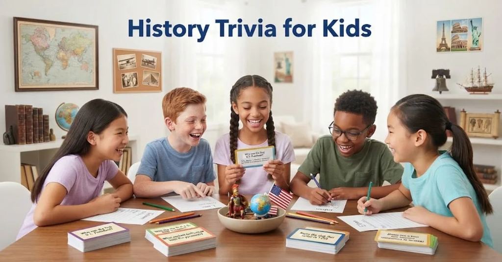 "Children dressed up in playful historical costumes looking at a treasure map and globe, representing fun history trivia for kids."
