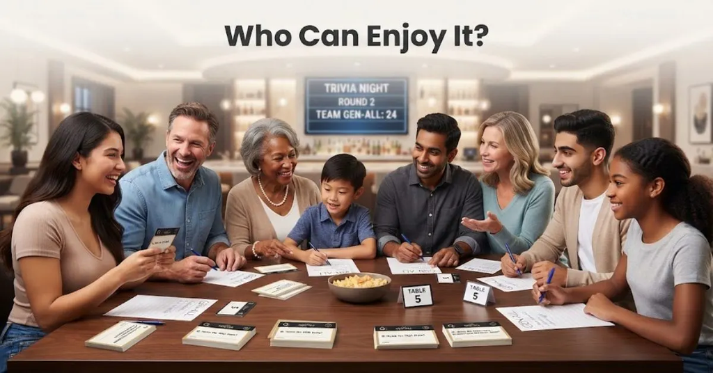 "Diverse group of friends of all ages laughing and playing a trivia game together around a table."