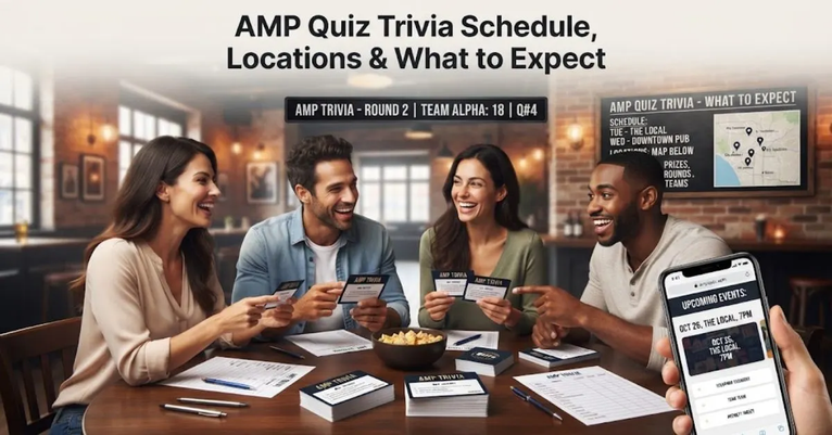 "AMP Quiz Trivia schedule and venue sign displayed on a smartphone screen next to a craft beer and notepad."