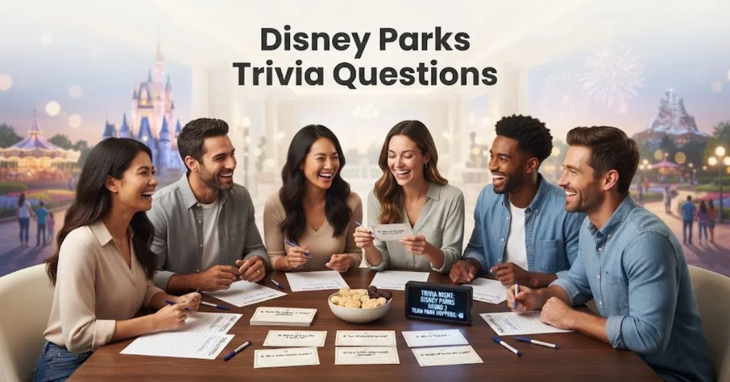 "Classic Disney park characters and Mickey ears headband resting on a colorful trivia game board, perfect for Disney Parks trivia questions."