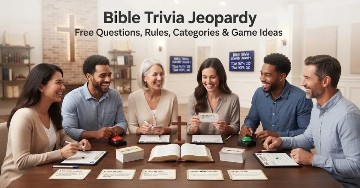 "An open vintage Bible illuminated by soft light next to a Jeopardy-style game board, representing free Bible trivia questions and game ideas."