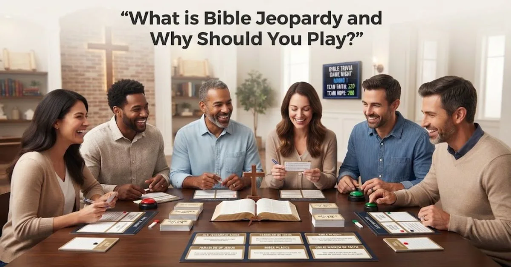 "A Jeopardy-style game board glowing with Bible trivia categories, illustrating what Bible Jeopardy is and why you should play."