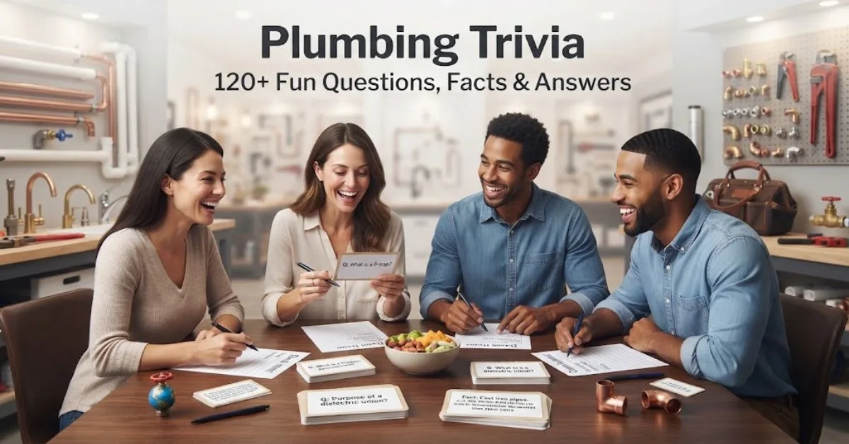 "A shiny chrome wrench and plumbing pipes arranged neatly next to a question mark, representing plumbing trivia questions and answers."
