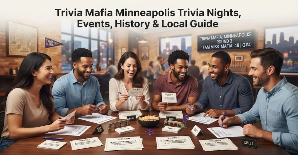 "Trivia Mafia neon logo sign glowing inside a lively Minneapolis pub filled with people enjoying quiz night."