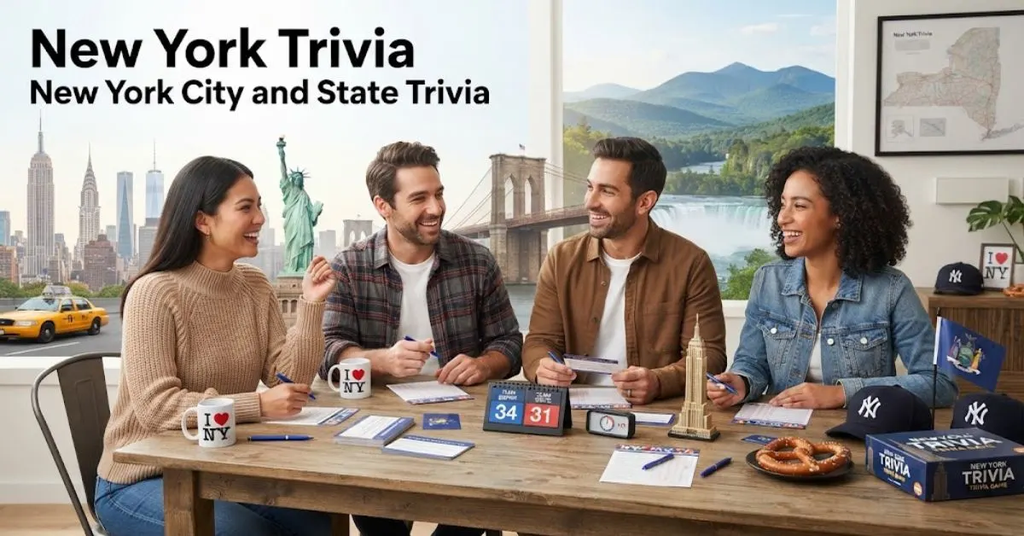 "Collage of New York City and New York State landmarks including the Statue of Liberty, Niagara Falls, and the Manhattan skyline, for a comprehensive NY trivia post."