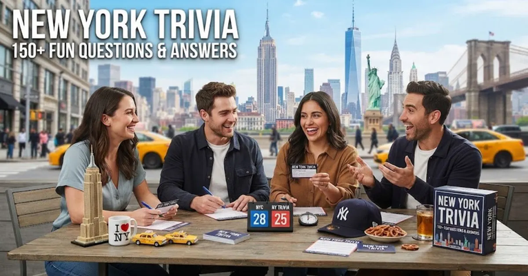 "The iconic New York City skyline at sunset with the Empire State Building and a taxi cab, representing New York trivia questions and answers."