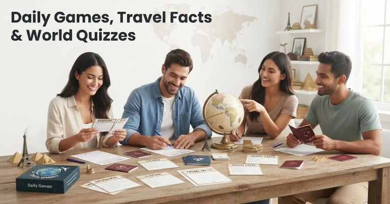 "A colorful world map globe surrounded by travel pins, passport stamps, and daily quiz icons, representing daily world games and geography facts."