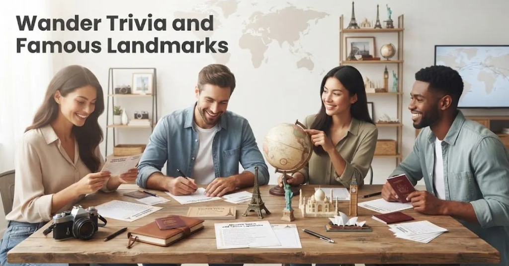 "Famous world landmarks like the Eiffel Tower, the Taj Mahal, and the Colosseum illustrated on a vintage passport style background, representing wander trivia and landmark quizzes."