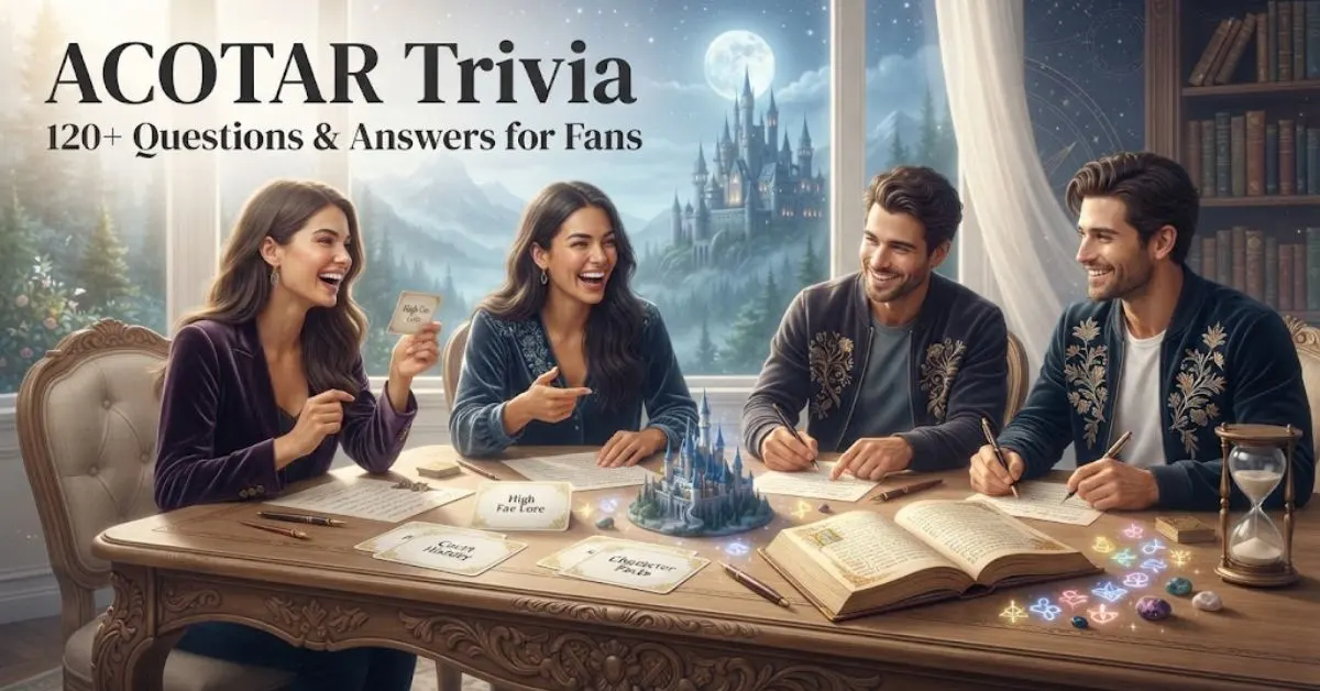 "A glowing magical sword, starlight, and a copy of a fantasy romance novel, representing ACOTAR trivia questions and answers for fans."