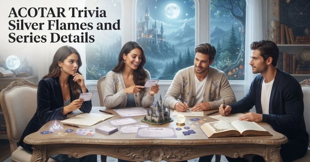 "A glowing mountain peak under a starlit night sky with a symbolic silver flame, representing ACOTAR Silver Flames and series trivia details."