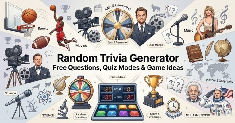 Short & Simple: "Colorful spinning wheel and question marks for a random trivia generator." SEO Descriptive: "An engaging online trivia graphic featuring a digital quiz wheel, vibrant question marks, and free trivia generator modes."