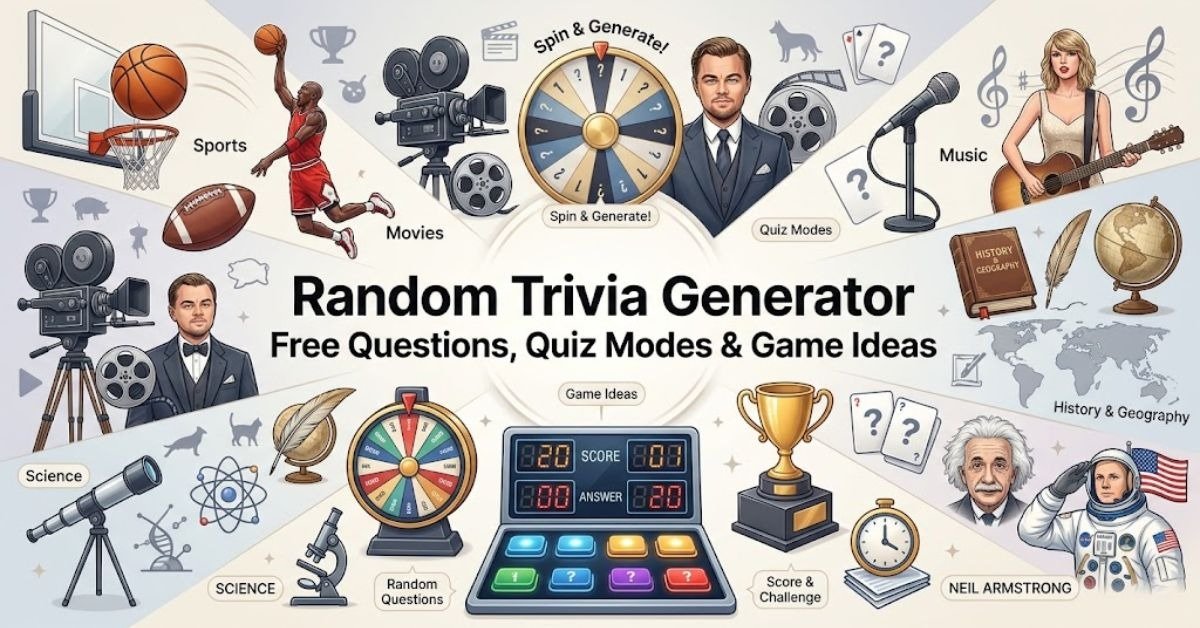 Short & Simple: "Colorful spinning wheel and question marks for a random trivia generator." SEO Descriptive: "An engaging online trivia graphic featuring a digital quiz wheel, vibrant question marks, and free trivia generator modes."