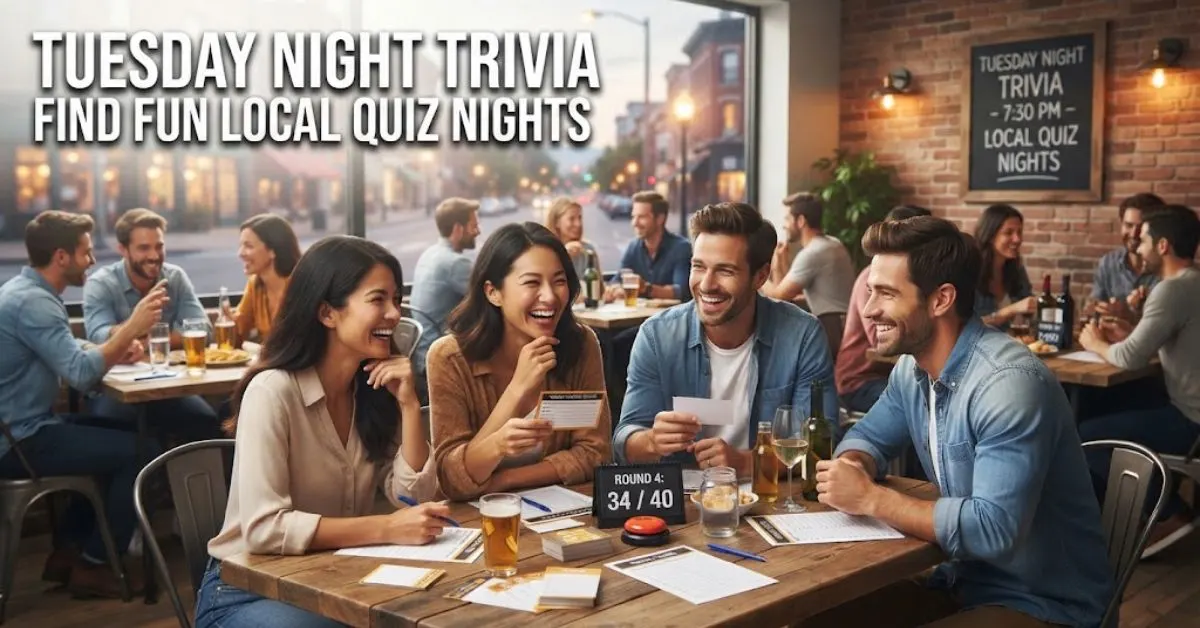 "A cozy pub interior with patrons sitting at wooden tables holding trivia answer sheets under warm pendant lights, representing Tuesday night trivia and local quiz events."
