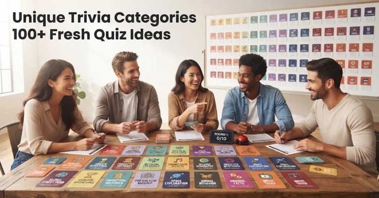 "A colorful illustrated human brain made of gears and question marks, surrounded by icons representing unique trivia categories like Obscure 80s Sci-Fi, International Street Food, and Tiny Home Architecture."