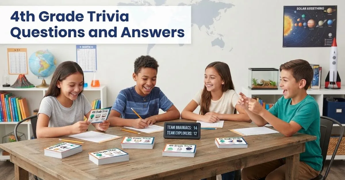 "A colorful chalkboard featuring a glowing lightbulb, math equations, geography outlines, and science icons, representing 4th grade trivia questions and answers."