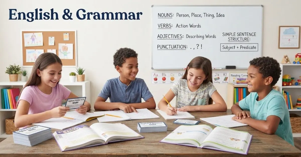 "An open vintage book with colorful sticky notes, a pen, and letter tiles spelling out 'English & Grammar', representing language arts trivia and grammar quizzes."