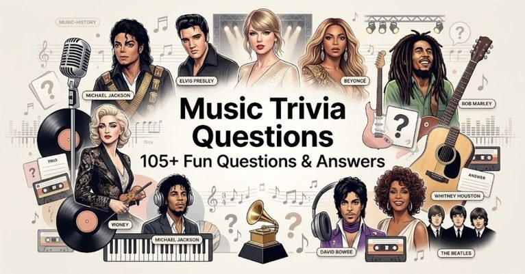 Short & Simple: "Colorful music trivia banner with vinyl records and glowing headphones." SEO Descriptive: "A vibrant music trivia graphic featuring retro vinyl records, musical notes, and 105+ fun music questions and answers for fans."