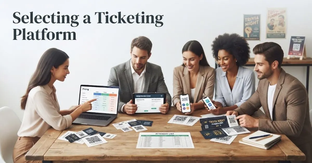 "A digital ticketing dashboard displayed on a laptop screen alongside a smartphone showing barcode event passes, representing a guide on selecting a ticketing platform."