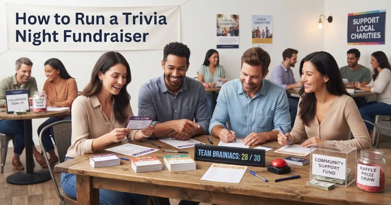 "A microphone, a podium, and tables filled with cheerful participants holding trivia scorecards, representing a guide on how to run a trivia night fundraiser."