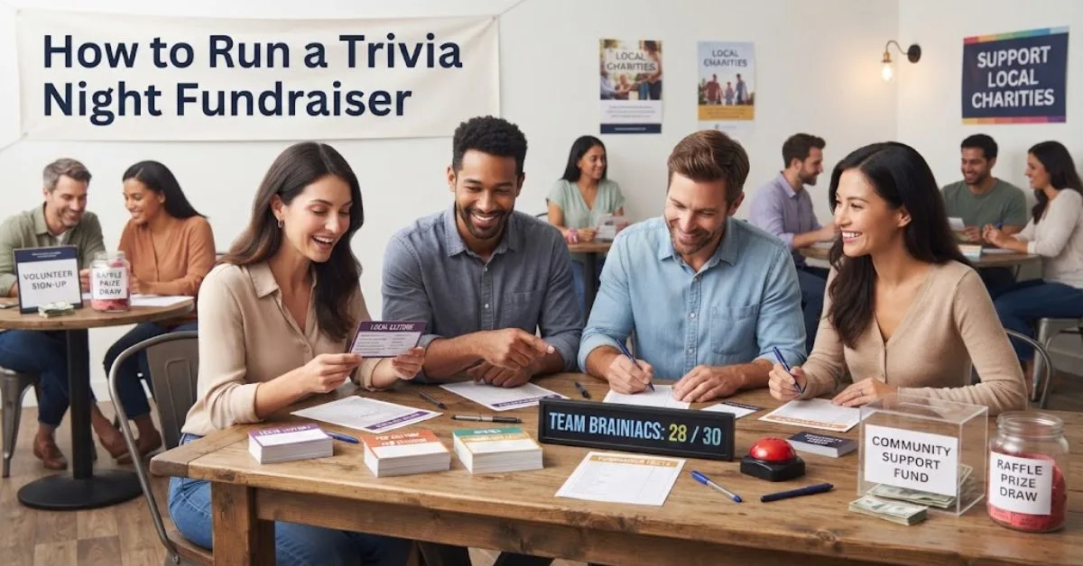 "A microphone, a podium, and tables filled with cheerful participants holding trivia scorecards, representing a guide on how to run a trivia night fundraiser."
