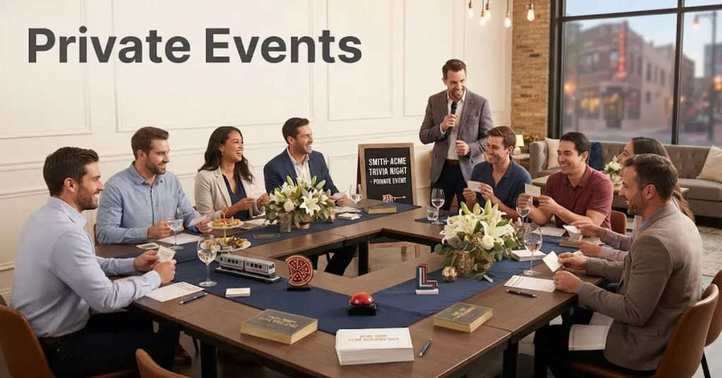 "An elegant banquet hall decorated with warm string lights, round tables, and floral centerpieces, representing private events and party planning."
