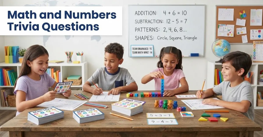 "A glowing blackboard covered in chalk equations, geometric shapes, and a large number pi symbol, representing math and numbers trivia questions."